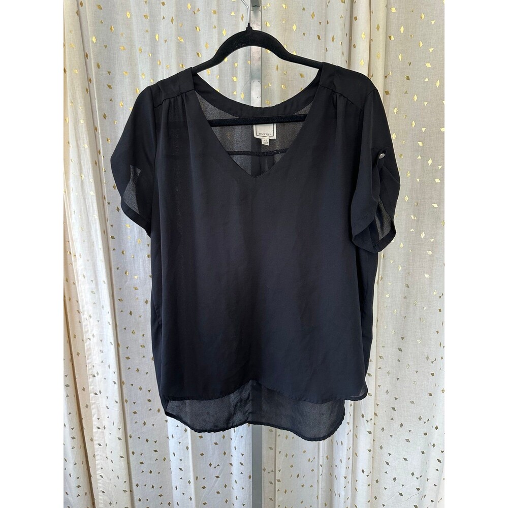 Meraki Women's Lightweight Black Sheer V Neck Short Sleeve Hi Lo Hem Blouse XL
